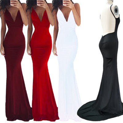 Women's Dresses Milk Silk Sling Sexy Backless Trailing Annual Party Evening Dress