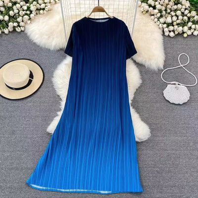 Gradient Dress Women O-Neck Short Sleeve Loose Casual Folds New Fashion Korean Fashion Traf Midi Dresses