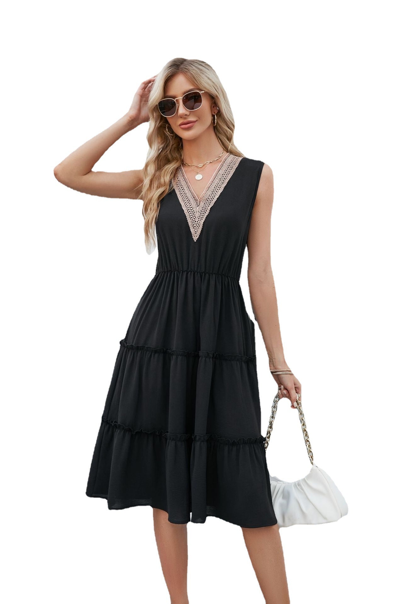 V-neck Dresses Women Sleeveless Pleated Ruffle Elegant Dress Beach Summer - The Grace