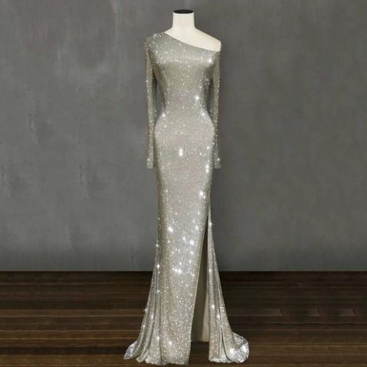 Europe and the United States one shoulder asymmetric sparkling crystal long dress skirt dress - The Grace