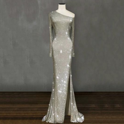 Europe and the United States one shoulder asymmetric sparkling crystal long dress skirt dress - The Grace