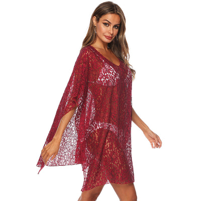 Summer Beach Dress Bikini Cover Up Tunic Women Red Chiffon Bathing Suit Sexy See Through Swimsuit Dresses Mesh Beachwear