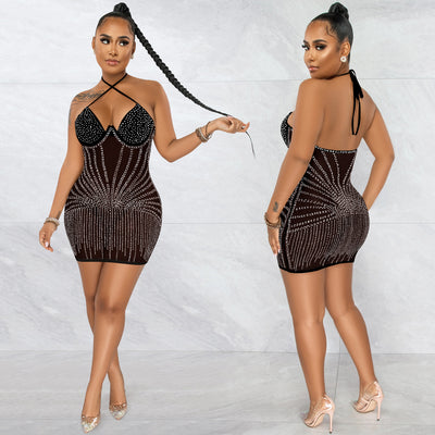 Sling Wrapped Chest Rhinestone Mesh Perspective Skirt Dress - The Grace