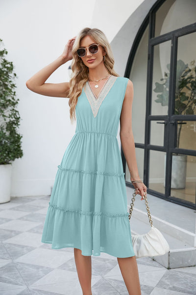 V-neck Dresses Women Sleeveless Pleated Ruffle Elegant Dress Beach Summer - The Grace