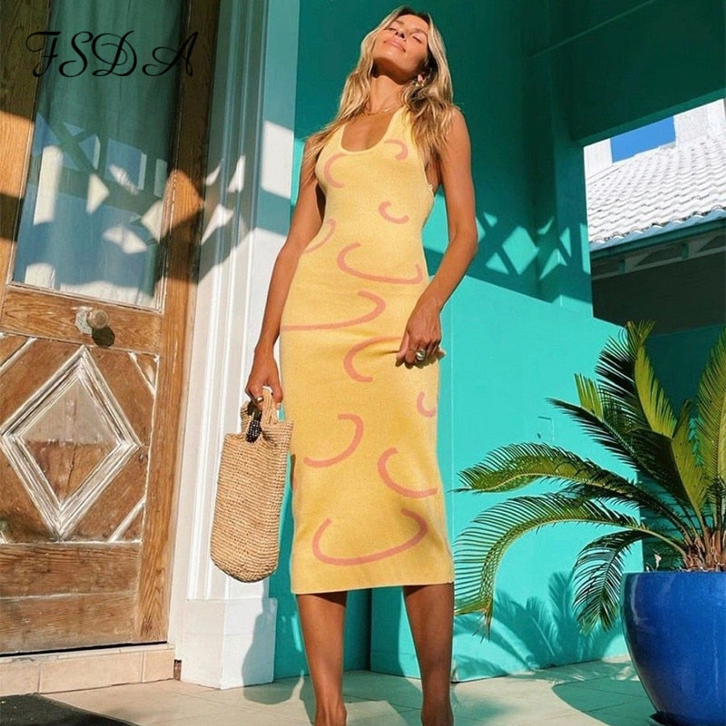 Knitted Bodycon Dress Women Y2K Halter Neck Summer Yellow Sleeveless Midi Backless Party Sexy Dresses