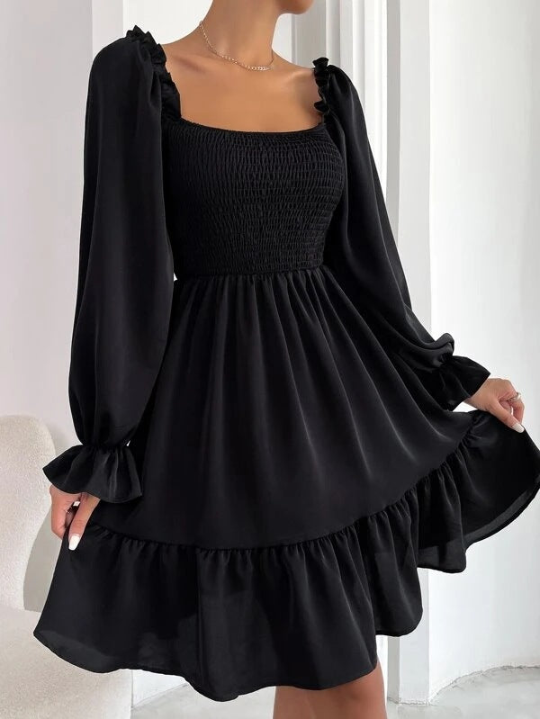 Flared Long Sleeve Dresses Women Square Neck Ruffled Swing Dress - The Grace