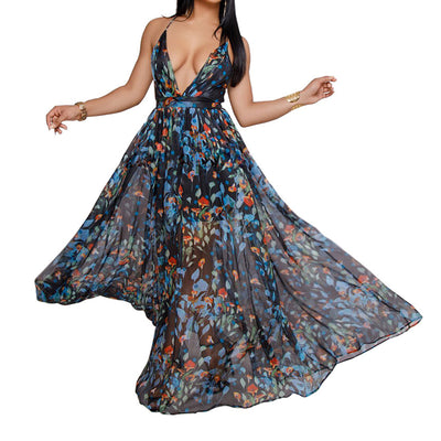 Women Dresses Summer Sexy Maxi Boho Style Print Party Dress Deep V Neck Backless Long Dress