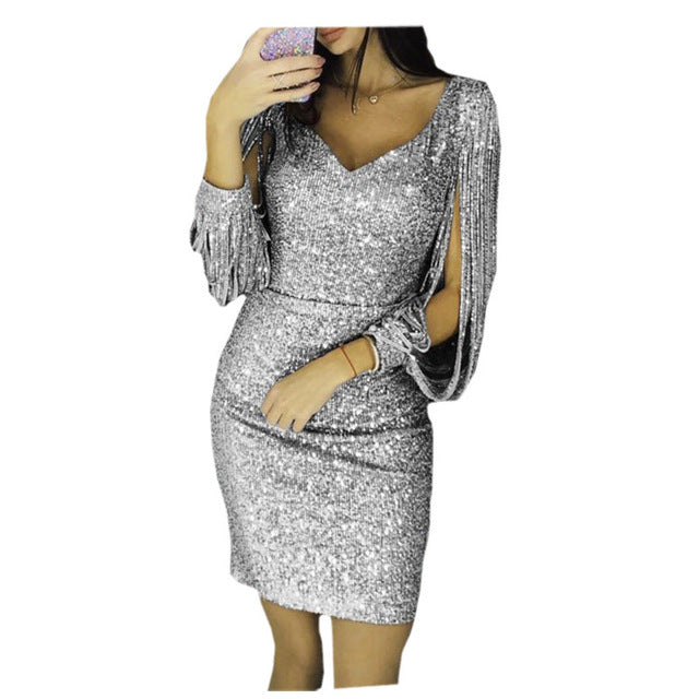 Women Knee Length Party Dress Gold Tassel Dresses Female Bodycon Long sleeve Bright Silk Shiny Dress Vestidos