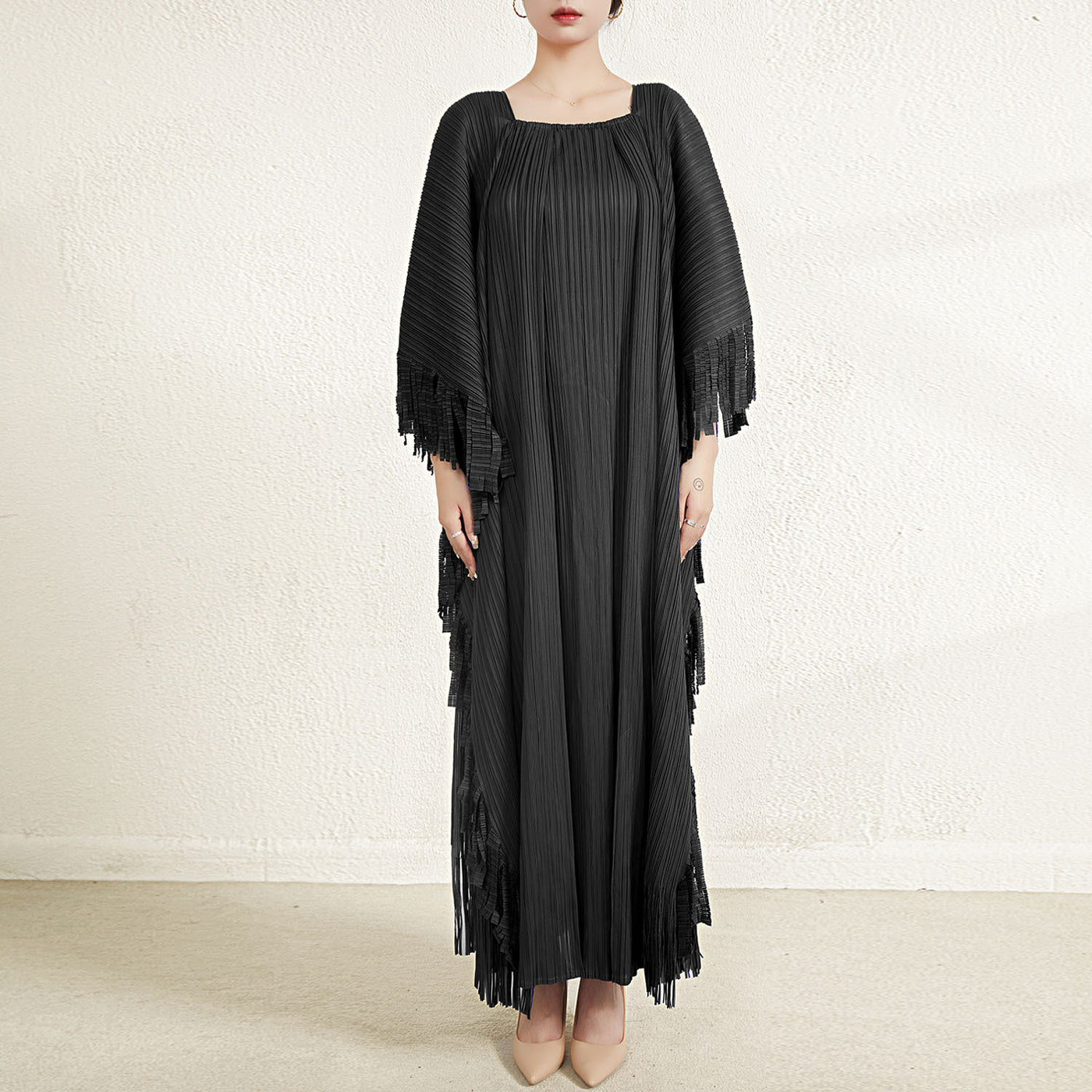 Elegant Pleated Tassels Dress For Women Flare Sleeves Square Collar Designer A-line Dresses Female Clothes