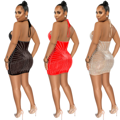 Sling Wrapped Chest Rhinestone Mesh Perspective Skirt Dress - The Grace