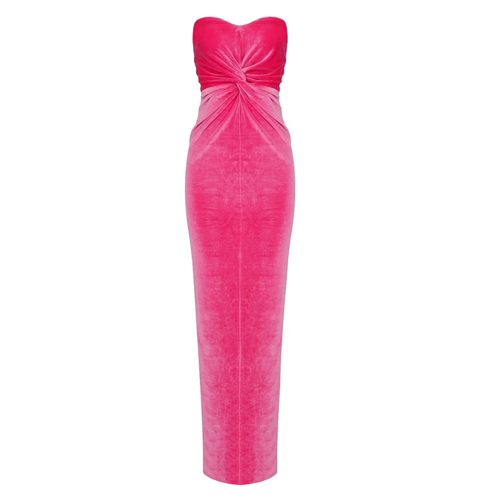 Hot Pink Strapless Velvet Dresses Women Summer Trendy Cross Knot Design Bodycon Long Elegant Dress - The Grace