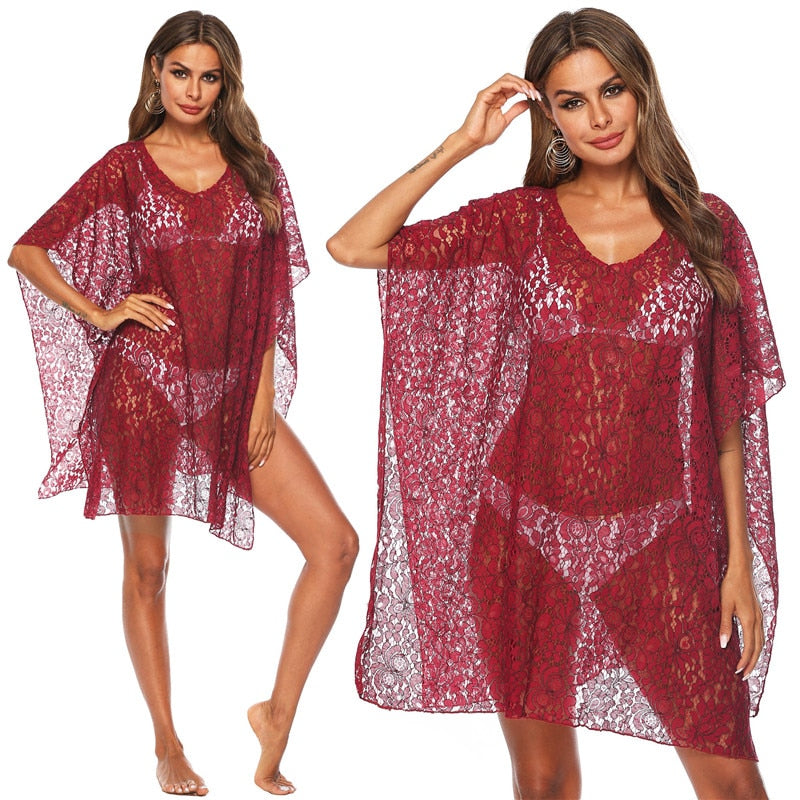 Summer Beach Dress Bikini Cover Up Tunic Women Red Chiffon Bathing Suit Sexy See Through Swimsuit Dresses Mesh Beachwear