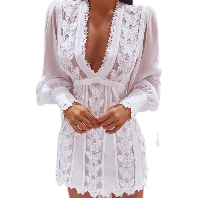 White Elegant Dresses Sexy V Neck Lace Dress Long Puff Sleeve Butterfly Dress For Women - The Grace