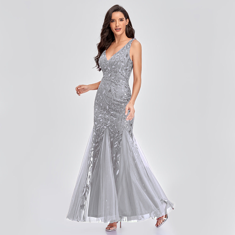 Long Dress Sleeveless V-neck Embroidered Sequin Slim Mermaid Dress - The Grace