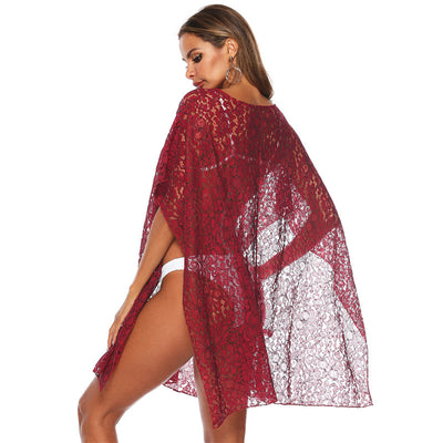 Summer Beach Dress Bikini Cover Up Tunic Women Red Chiffon Bathing Suit Sexy See Through Swimsuit Dresses Mesh Beachwear