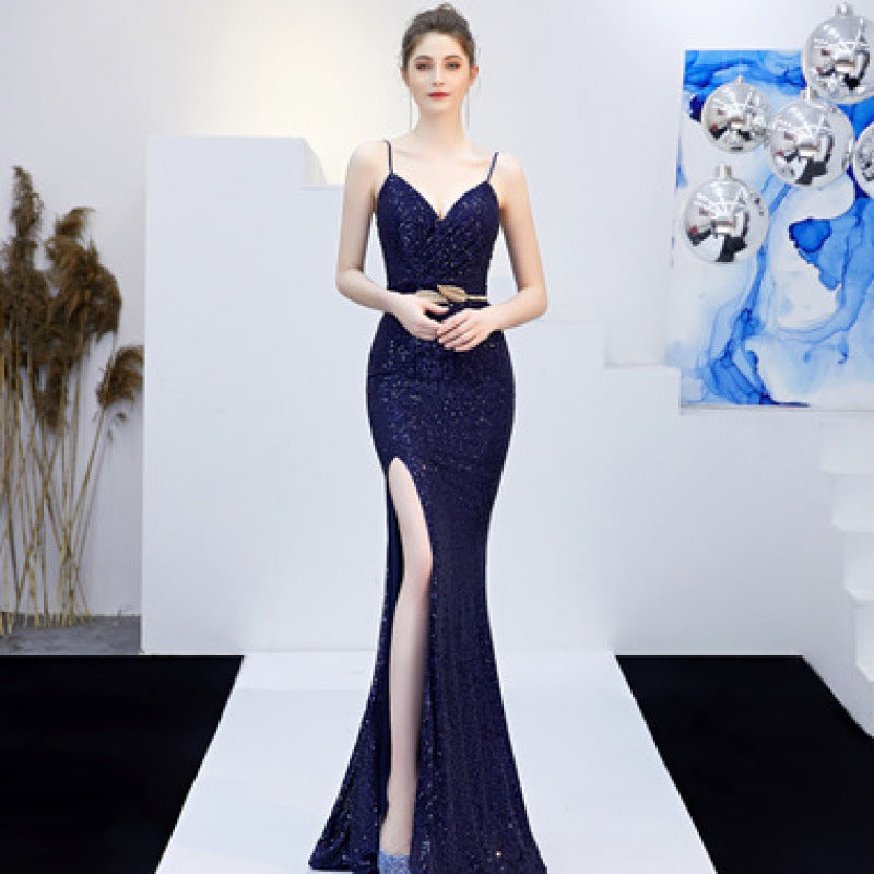 New Banquet Elegant Annual Meeting Long Host Deep V Sexy Fishtail Sequined Dress - The Grace