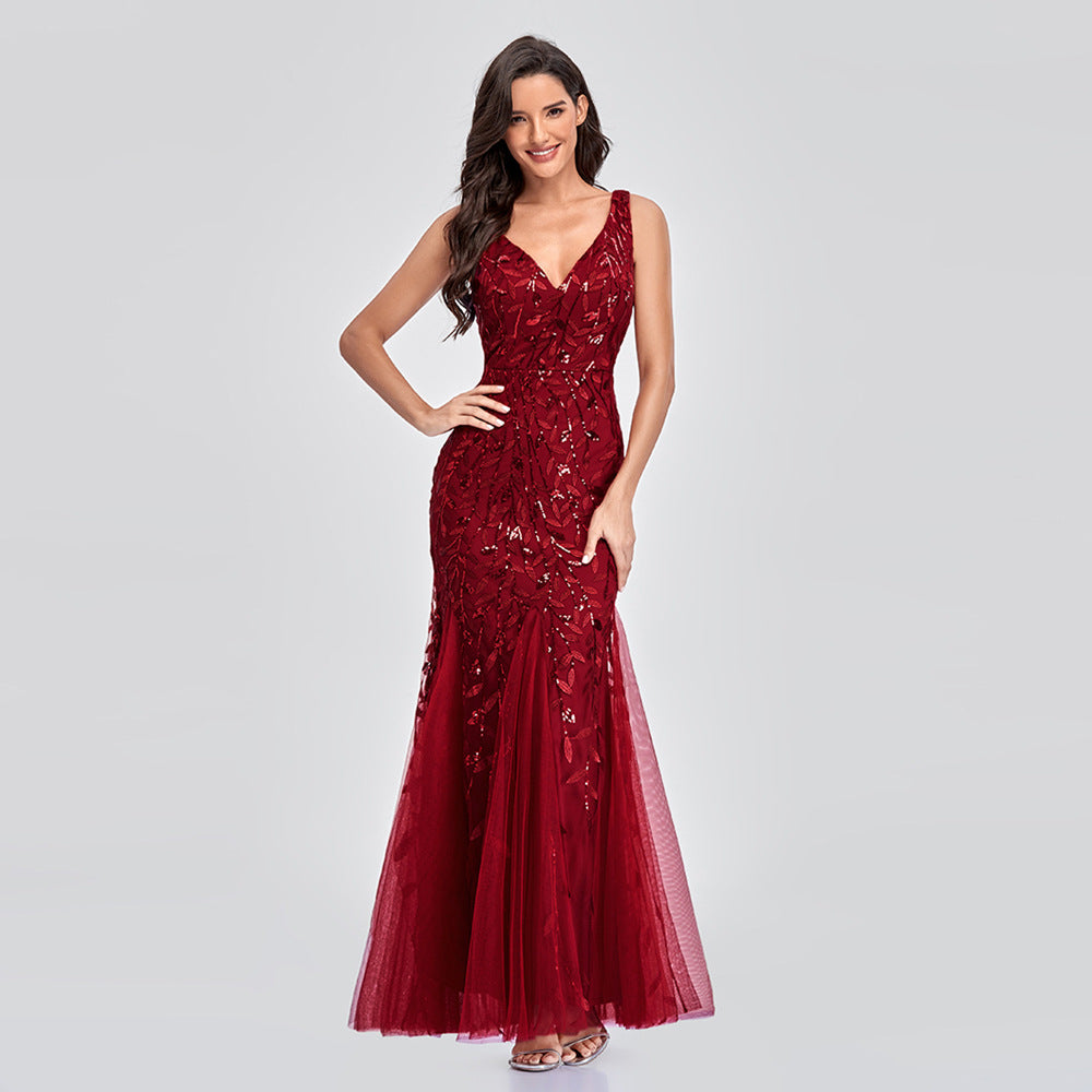 Long Dress Sleeveless V-neck Embroidered Sequin Slim Mermaid Dress - The Grace