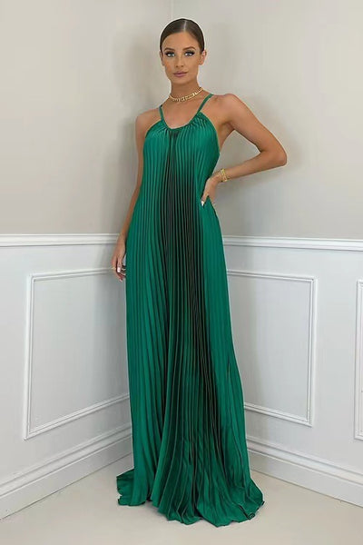 Holiday Banquet Simple Temperament Pleated Long Halter Dress - The Grace