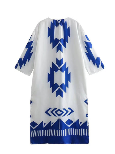 Printed Kaftans For Women Blue White Boho Long Dress Women Summer Dresses Woman Loose Casual Dresses