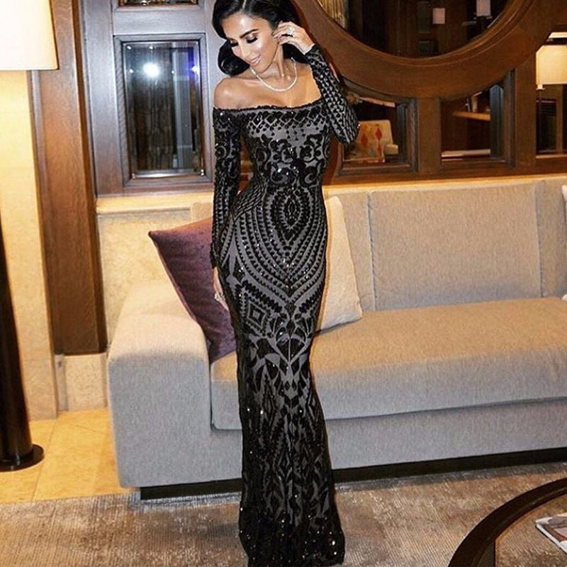 New Westen Temperament Sequin Sexy One Neck Dress Banquet Evening Dress Women Long Dress