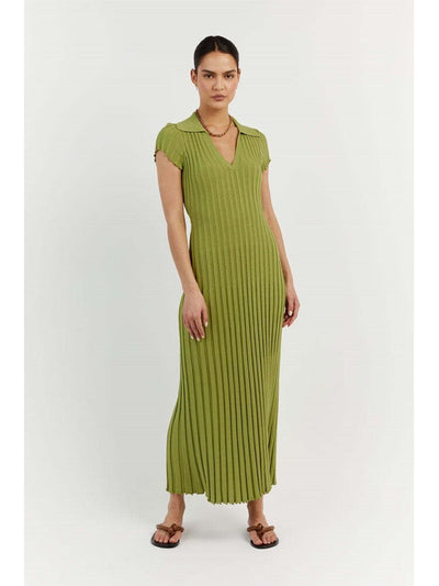 Green Cotton Lapel Knitted Pit Stripe Maxi Dress Short-sleeved V-neck Waist Closure Dresses Female Casual Slim Long Dress