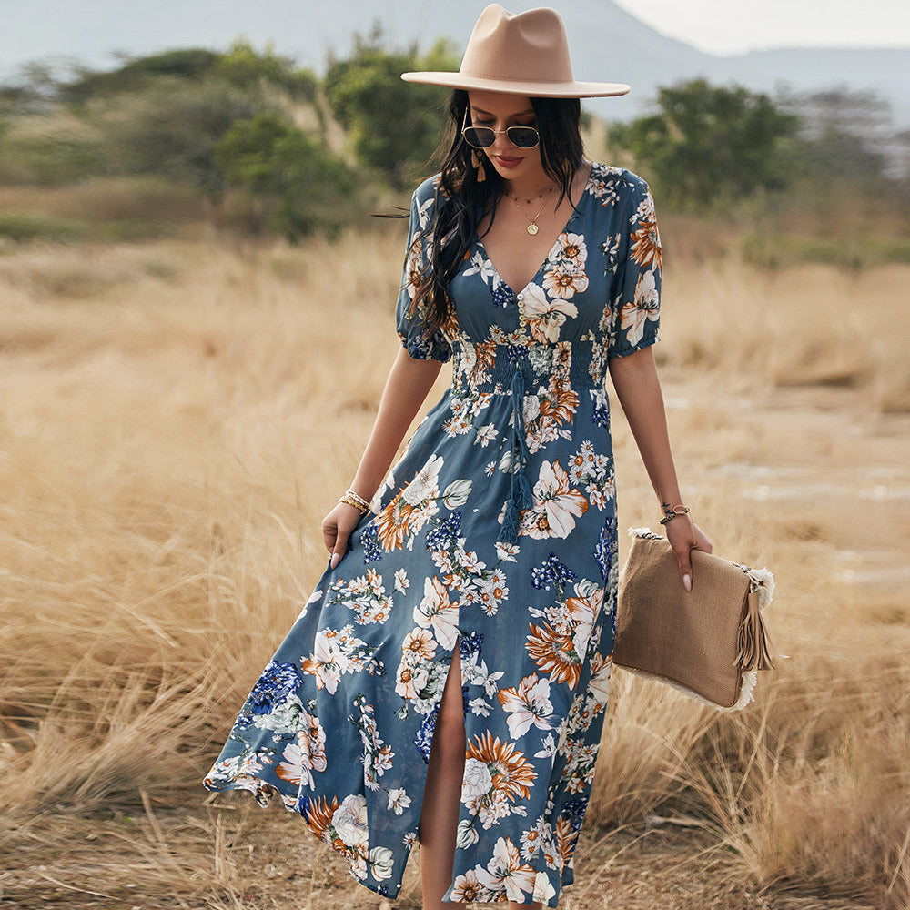 Floral Summer Beach Dress With V Neck Elastic Waist Dresses For Women - The Grace