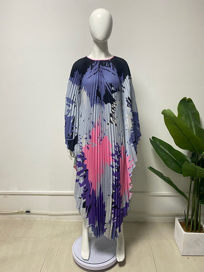 Miyake Pleated Dress Designer Printed Round Neck Batwing Sleeves High End Holiday Dresses for Women - The Grace