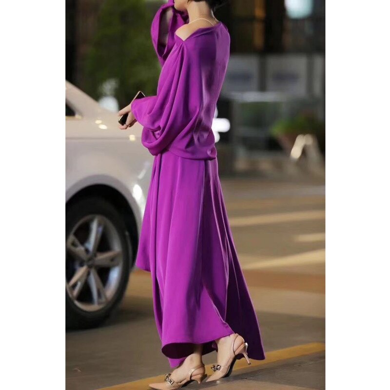 Woman Dress Lanter Sleeve Loose Asymmetrical Design Elegant Purple Solid Slash Neck Ruffled Dresses New Autumn