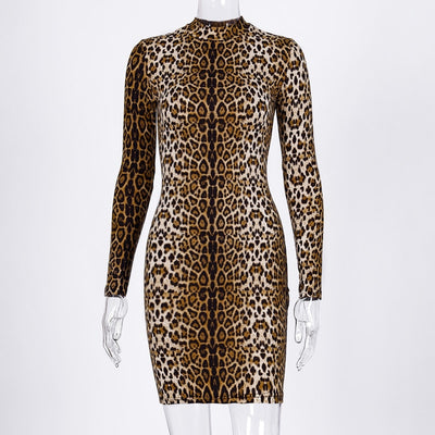 Hugcitar leopard print long sleeve slim bodycon sexy dress autumn winter women streetwear party festival dresses outfits