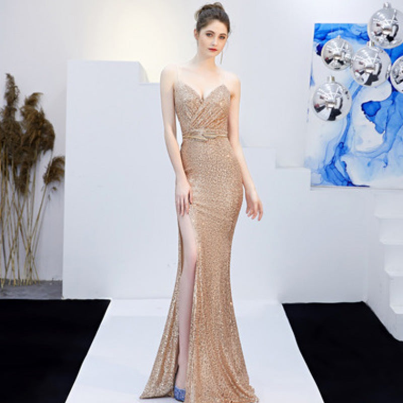 New Banquet Elegant Annual Meeting Long Host Deep V Sexy Fishtail Sequined Dress - The Grace