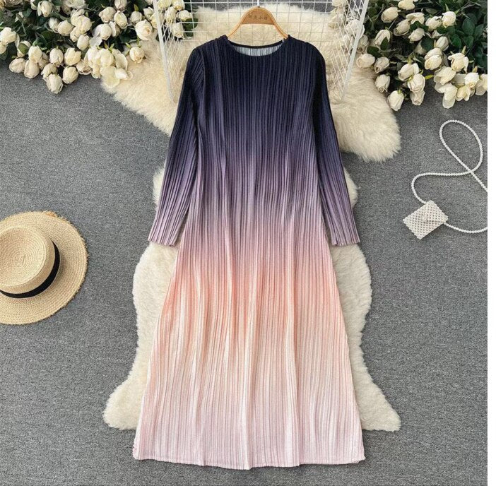 Gradient Dress Women O-Neck Short Sleeve Loose Casual Folds New Fashion Korean Fashion Traf Midi Dresses