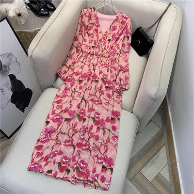 Single Breasted V-Neck Full Sleeve Women Flower Printed Elastic Wait Spring Autumn Casual Loose Dresses Fashion