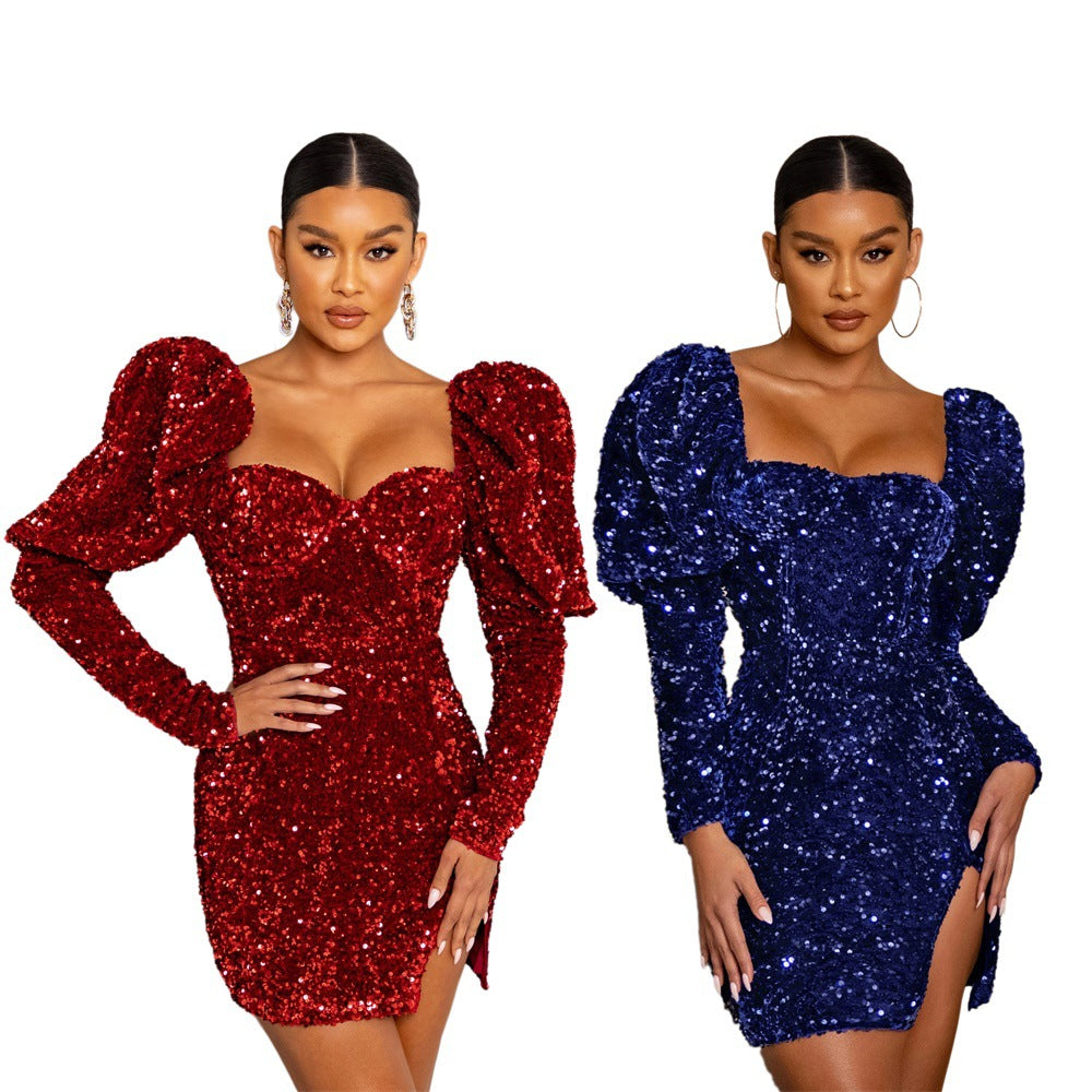 Sequin Backless Padded Shoulder Bubble Sleeve Party Dresses For Women - The Grace