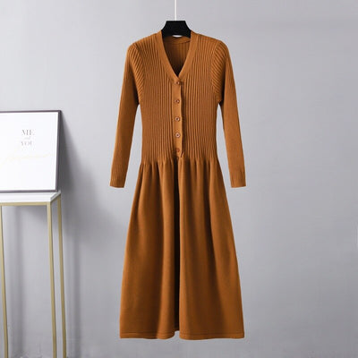 Winter Long Knit V Neck Women A Line Sweater Dress Single Breasted Pleated Dresses Christmas Party Holidays Dresses - The Grace