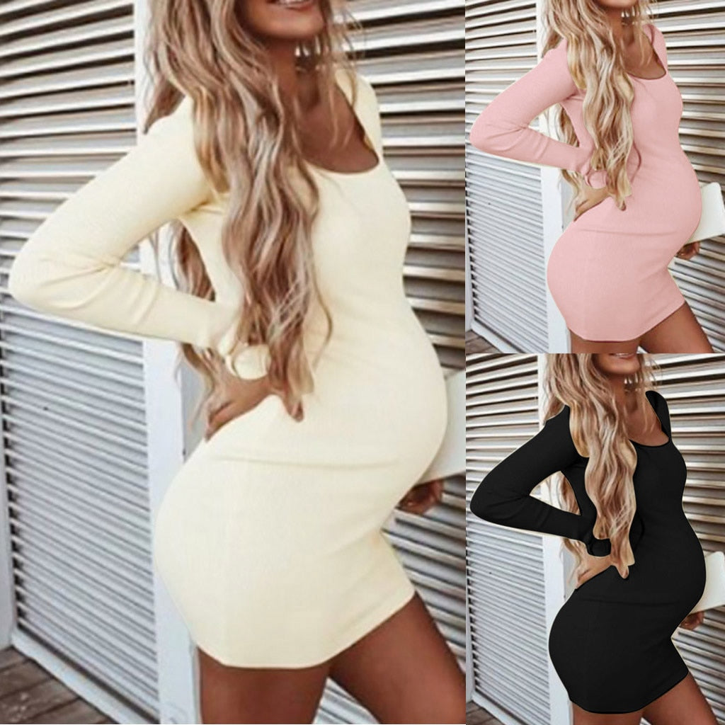 Maternity Winter Dresses Women Pregnant O-Neck Long Sleeve Solid High Elastic Soft Dress Robe Grossesse Props Plus Size Clothing - The Grace