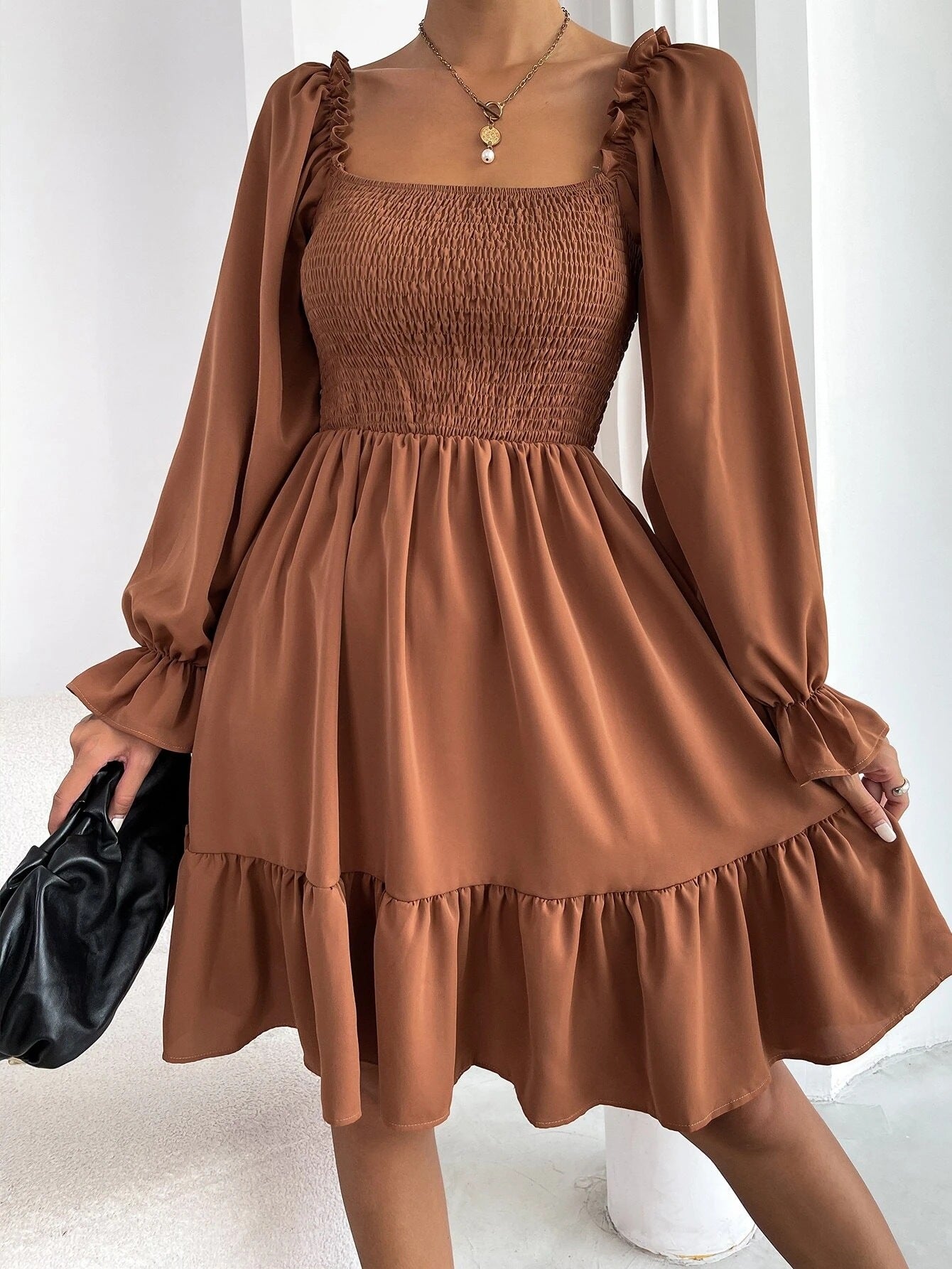 Flared Long Sleeve Dresses Women Square Neck Ruffled Swing Dress - The Grace