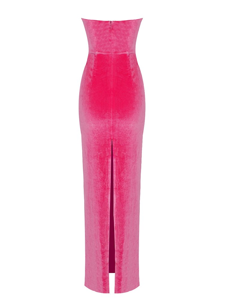 Hot Pink Strapless Velvet Dresses Women Summer Trendy Cross Knot Design Bodycon Long Elegant Dress - The Grace