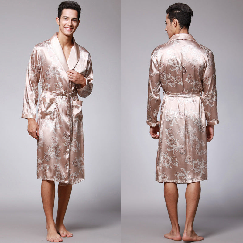 Nightgown Silk Ice Silk Men's Pajamas Men's Long Sleeve Nightgown Bathrobes