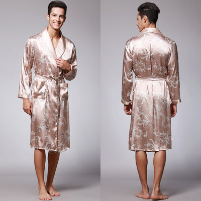 Nightgown Silk Ice Silk Men's Pajamas Men's Long Sleeve Nightgown Bathrobes