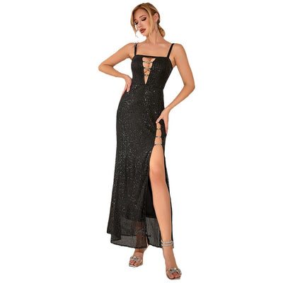 Elegant Elegant Hollow Out High Slit Sequin Sling Evening Party Dress - The Grace