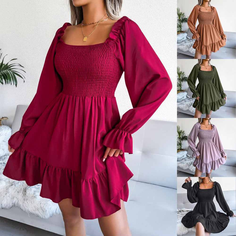 Flared Long Sleeve Dresses Women Square Neck Ruffled Swing Dress - The Grace