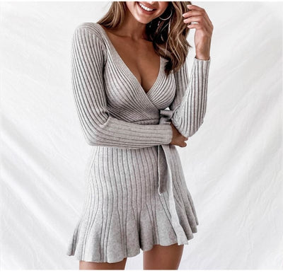 Sexy V Neck Knitted Dresses Women Long Sleeve - The Grace