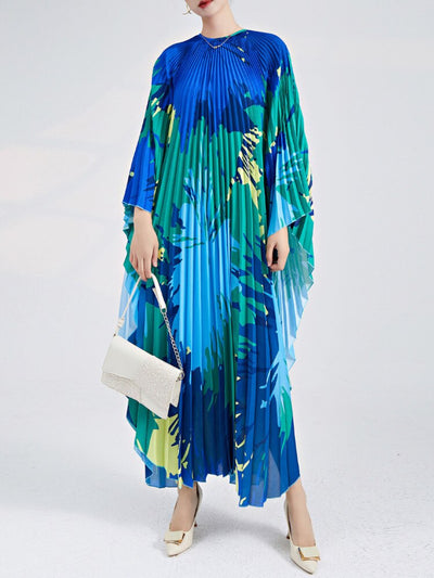 Miyake Pleated Dress Designer Printed Round Neck Batwing Sleeves High End Holiday Dresses for Women - The Grace