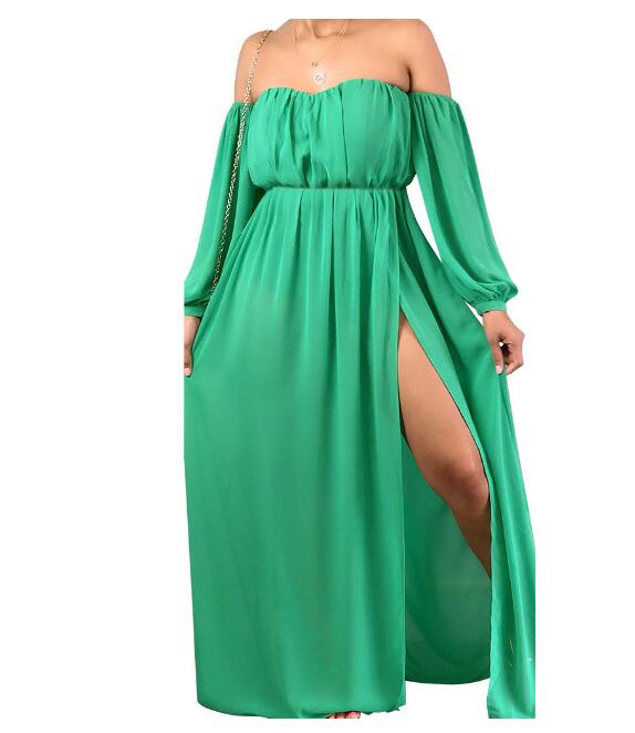 Boho Summer Maxi Dress Women Off Shoulder Long Sleeve White Chiffon Beach Dress Sexy High Split Elegant Long Party Dresses