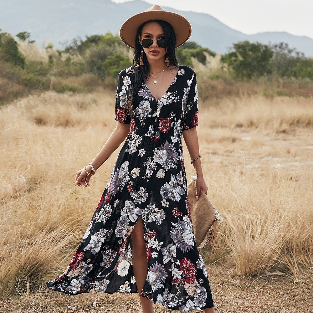 Floral Summer Beach Dress With V Neck Elastic Waist Dresses For Women - The Grace