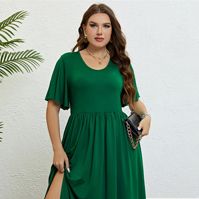 Women Green Round Neck Waist Trimming Slimming Dress - The Grace