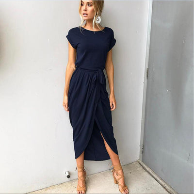 Summer Women's Bohemian Beach Dresses Personality Slim Tunic Long Casual Short-Sleeved Waistline Asymmetrical Vestidos