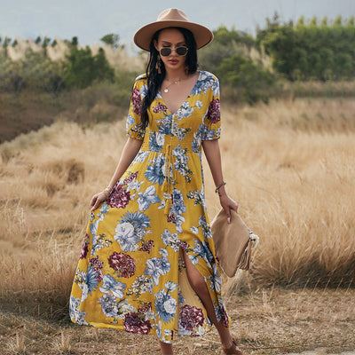 Floral Summer Beach Dress With V Neck Elastic Waist Dresses For Women - The Grace