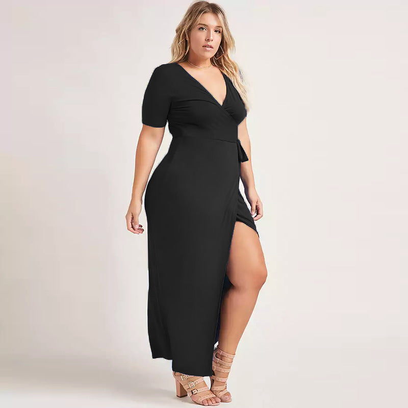 V-Neck Short-Sleeved Long Dress With Strappy Slit - The Grace