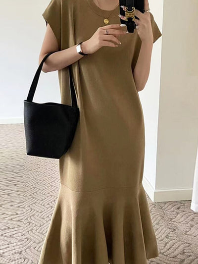 [EWQ] Women Fashion Trumpet Knit Dress O-neck Loose Causal Knitting Short Sleeve Dresses Summer New Tide Vestidos 16Y9116